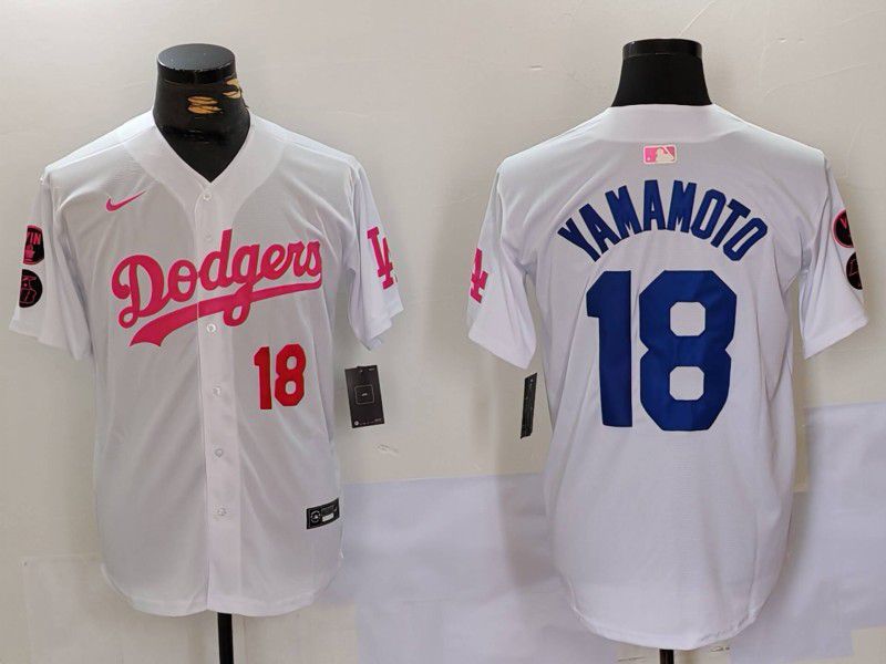 Men Los Angeles Dodgers 18 Yamamoto White pink joint name 2024 Nike MLB Jersey style 2